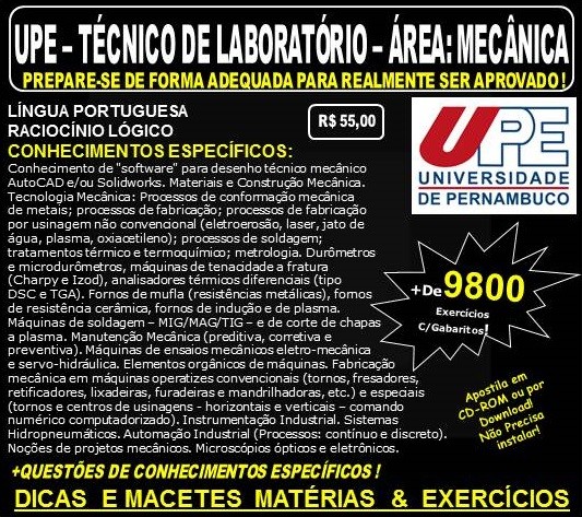 Apostila UPE - TÉCNICO de LABORATÓRIO - Área: MECÂNICA - Teoria + 9.800 Exercícios - Concurso 2017