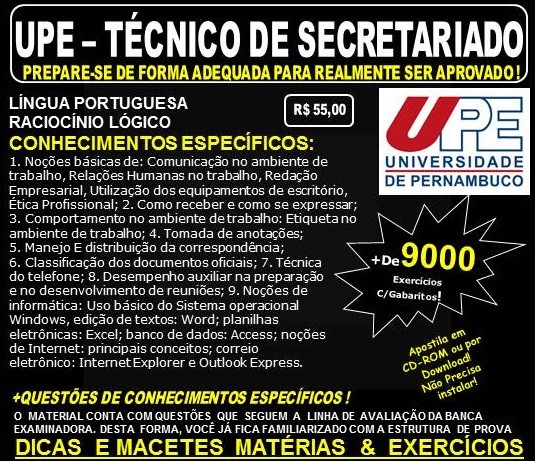 Apostila UPE - TÉCNICO de SECRETÁRIADO - Teoria + 9.000 Exercícios - Concurso 2017