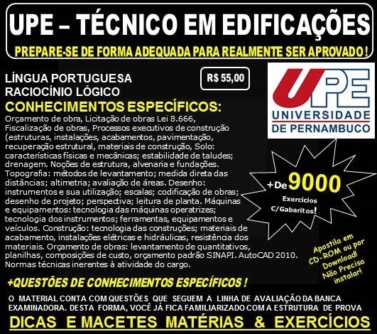 Apostila UPE - TÉCNICO em EDIFICAÇÕES - Teoria + 9.000 Exercícios - Concurso 2017