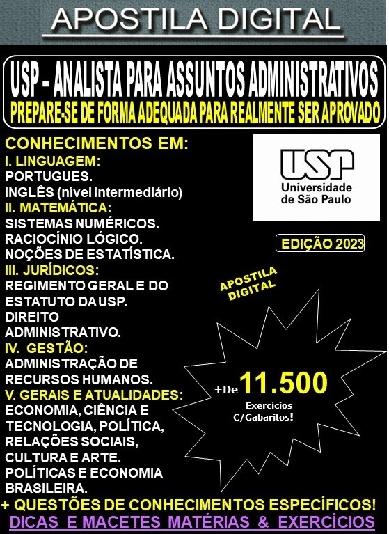 Apostila USP - ANALISTA PARA ASSUNTOS ADMINISTRATIVOS - Teoria + 11.500 Exercícios - Concurso 2023