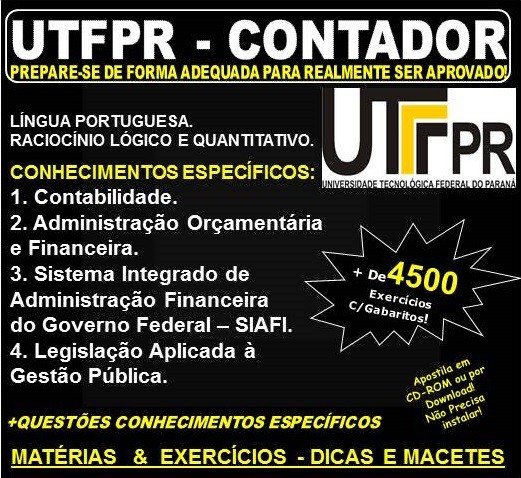 Apostila UTFPR - CONTADOR - Teoria + 4.500 Exercícios - Concurso 2019