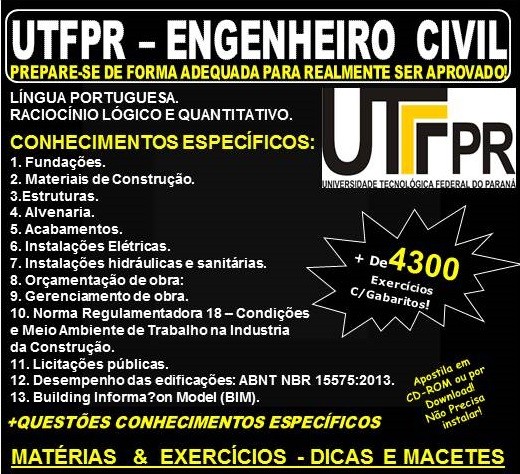 Apostila UTFPR - ENGENHEIRO CIVIL - Teoria + 4.300 Exercícios - Concurso 2019