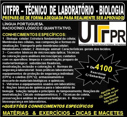 Apostila UTFPR - TÉCNICO de LABORATÓRIO - BIOLOGIA - Teoria + 4.100 Exercícios - Concurso 2019 