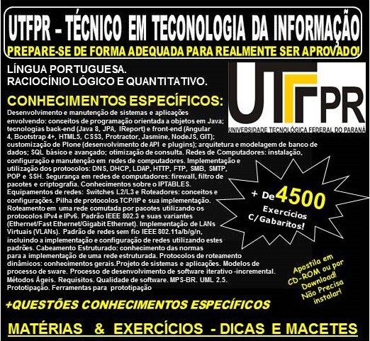 Apostila UTFPR - TÉCNICO em TECNOLOGIA da INFORMAÇÃO - Teoria + 4.500 Exercícios - Concurso 2019