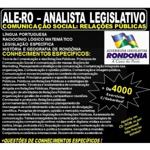 Apostila ALE-RO - ANALISTA LEGISLATIVO - RELAÇÕES PÚBLICAS - Teoria + 4.000 Exercícios - Concurso 2018