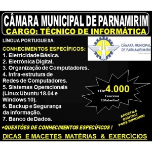 Apostila CÂMARA MUNICIPAL de PARNAMIRIM RN - Cargo: TÉCNICO de INFORMÁTICA - Teoria + 4.000 Exercícios - Concurso 2019