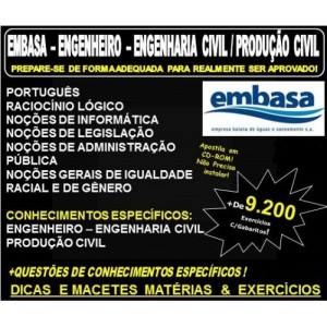 Apostila EMBASA - ENGENHEIRO - ENGENHARIA CIVIL / PRODUÇÃO CIVIL - Teoria + 9.200 Exercícios - Concurso 2022
