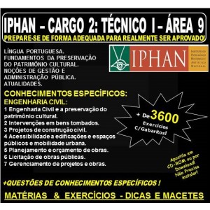 Apostila IPHAN - Cargo 2: TÉCNICO I - ÁREA 9 - ENGENHARIA CIVIL - Teoria + 3.600 Exercícios - Concurso 2018