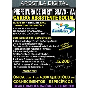 Apostila Prefeitura de BURITI BRAVO MA - ASSISTENTE SOCIAL  - Teoria + 5.200 Exercícios - Concurso 2020