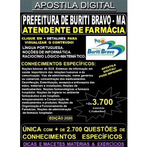 Apostila Prefeitura de BURITI BRAVO MA - ATENDENTE de FARMÁCIA - Teoria + 3.700 Exercícios - Concurso 2020