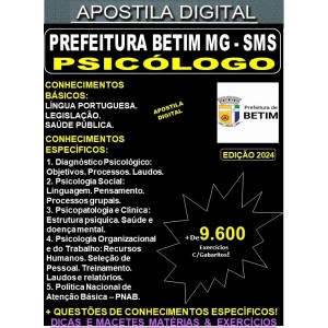 Apostila PREF BETIM SMS - PSICÓLOGO - Teoria + 9.600 Exercícios - Concurso 2024