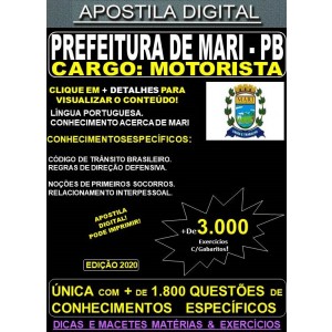 Apostila PREFEITURA de MARI PB - MOTORISTA - Teoria + 3.000 Exercícios - Concurso 2020