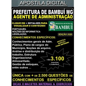 Apostila Prefeitura Municipal de Bambuí MG - AGENTE de ADMINISTRAÇÃO - Teoria + 3.100 Exercícios - Concurso 2020