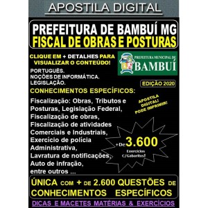 Apostila Prefeitura Municipal de Bambuí MG - FISCAL de OBRAS e POSTURAS - Teoria + 3.600 Exercícios - Concurso 2020