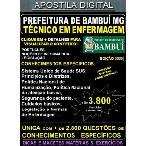 Apostila Prefeitura Municipal de Bambuí MG - TÉCNICO em ENFERMAGEM - Teoria + 3.800 Exercícios - Concurso 2020