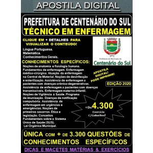Apostila PREFEITURA de CENTENÁRIO do SUL PR - TÉCNICO em ENFERMAGEM - Teoria + 4.300 Exercícios - Concurso 2020