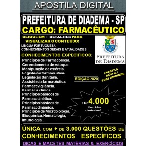 Apostila Prefeitura de Diadema SP - FARMACÊUTICO - Teoria + 4.000 Exercícios - Concurso 2020