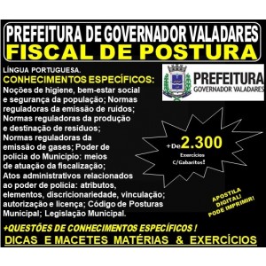 Apostila Prefeitura Municipal de Governador Valadares MG - FISCAL de POSTURA - Teoria + 2.300 Exercícios - Concurso 2019