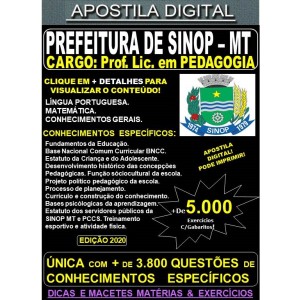 Apostila PREFEITURA de SINOP MT - Prof. Lic. em PEDAGOGIA - Teoria + 5.000 Exercícios - Concurso 2020