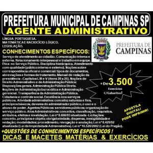 Apostila PREFEITURA MUNICIPAL de CAMPINAS SP - AGENTE ADMINISTRATIVO - Teoria + 3.500 Exercícios - Concurso 2019