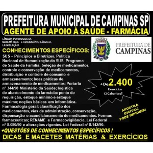 Apostila PREFEITURA MUNICIPAL de CAMPINAS SP - AGENTE de APOIO à SAÚDE - FARMÁCIA - Teoria + 2.400 Exercícios - Concurso 2019