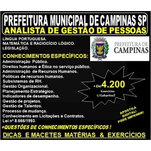 Apostila PREFEITURA MUNICIPAL de CAMPINAS SP - ANALISTA de GESTÃO de PESSOAS - Teoria + 4.200 Exercícios - Concurso 2019