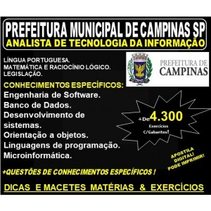 Apostila PREFEITURA MUNICIPAL de CAMPINAS SP - ANALISTA de TECNOLOGIA da INFORMAÇÃO - Teoria + 4.300 Exercícios - Concurso 2019