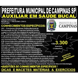 Apostila PREFEITURA MUNICIPAL de CAMPINAS SP - AUXILIAR em SAÚDE BUCAL - Teoria + 3.300 Exercícios - Concurso 2019
