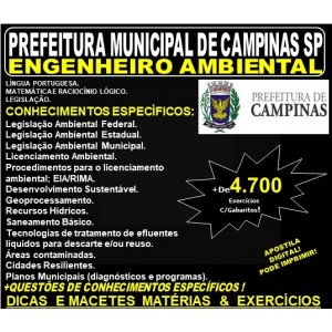 Apostila PREFEITURA MUNICIPAL de CAMPINAS SP - ENGENHEIRO AMBIENTAL - Teoria + 4.700 Exercícios - Concurso 2019