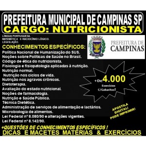 Apostila PREFEITURA MUNICIPAL de CAMPINAS SP - NUTRICIONISTA - Teoria + 4.000 Exercícios - Concurso 2019
