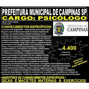 Apostila PREFEITURA MUNICIPAL de CAMPINAS SP - PSICÓLOGO - Teoria + 4.400 Exercícios - Concurso 2019