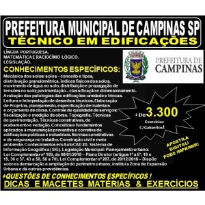 Apostila PREFEITURA MUNICIPAL de CAMPINAS SP -  TÉCNICO em EDIFICAÇÕES - Teoria + 3.300 Exercícios - Concurso 2019