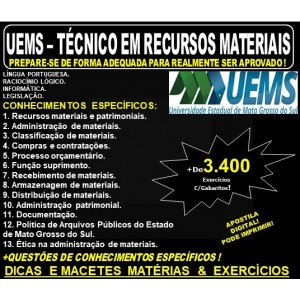 Apostila UEMS - TÉCNICO em RECURSOS MATERIAIS - Teoria + 3.400 Exercícios - Concurso 2019