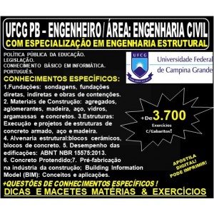 Apostila UFCG PB - ENGENHEIRO / Área: ENGENHARIA CIVIL - Com ESPECIALIZAÇÃO em ENGENHARIA ESTRUTURAL- Teoria + 3.700 Exercícios - Concurso 2019