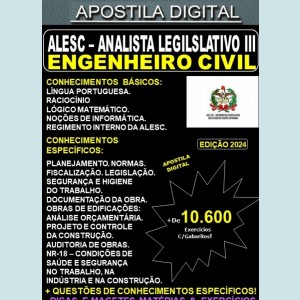 Apostila ALESC - Analista Legislativo III - ENGENHEIRO CIVIL - Teoria + 10.600 Exercícios - Concurso 2024