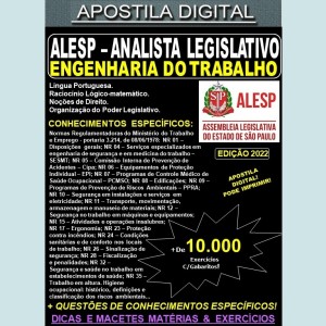 Apostila ALESP - ANALISTA LEGISLATIVO - ENGENHARIA do TRABALHO - Teoria + 10.000 exercícios - Concurso 2022