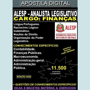 Apostila ALESP - ANALISTA LEGISLATIVO - FINANÇAS - Teoria + 11.500 exercícios - Concurso 2022