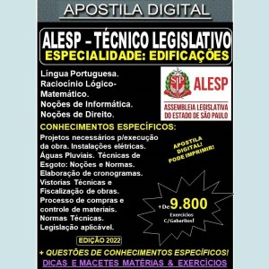 Apostila ALESP - TÉCNICO LEGISLATIVO - EDIFICAÇÕES - Teoria + 9.800 exercícios - Concurso 2022