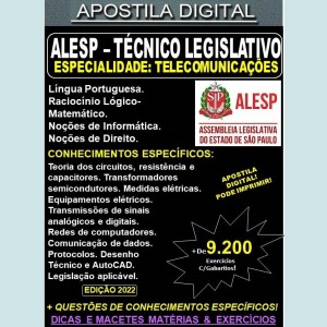 Apostila ALESP - TÉCNICO LEGISLATIVO - TELECOMUNICAÇÕES - Teoria + 9.200 exercícios - Concurso 2022