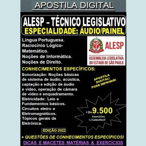 Apostila ALESP - TÉCNICO LEGISLATIVO - ÁUDIO / PAINEL - Teoria + 9.500 exercícios - Concurso 2022