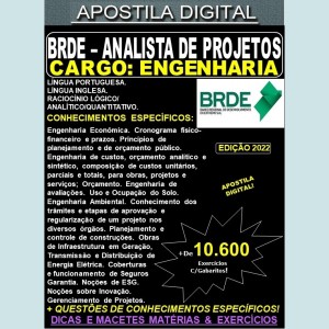 Apostila BRDE - Analista de Projetos - ENGENHARIA (ENGENHEIRO CIVIL, ELETRICISTA E MECÂNICO) - Teoria + 10.600 Exercícios - Concurso 2022