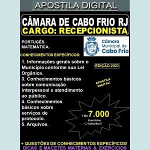 Apostila CÂMARA de CABO FRIO RJ - RECEPCIONISTA - Teoria + 7.000 Exercícios - Concurso 2023-24