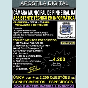 Apostila Câmara Municipal de Pinheiral RJ - ASSISTENTE TÉCNICO em INFORMÁTICA - Teoria + 4.200 Exercícios - Concurso 2020