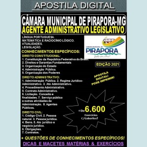 Apostila CÂMARA MUNICIPAL de PIRAPORA MG - AGENTE ADMINISTRATIVO LEGISLATIVO - Teoria + 6.600 Exercícios - Concurso 2021
