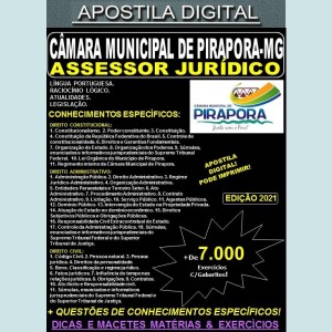 Apostila CÂMARA MUNICIPAL de PIRAPORA MG - ASSESSOR JURÍDICO - Teoria +  7.000 Exercícios - Concurso 2021