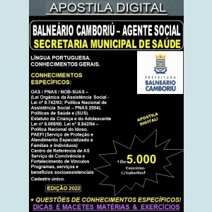 Apostila Prefeitura BALNEÁRIO CAMBORIÚ - AGENTE SOCIAL - Teoria + 5.000 Exercícios - Concurso 2022