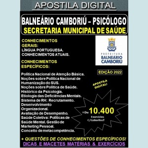Apostila Prefeitura BALNEÁRIO CAMBORIÚ - PSICÓLOGO - Teoria + 10.400 Exercícios - Concurso 2022