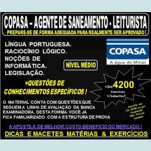 Apostila COPASA AGENTE de SANEAMENTO - LEITURISTA - Teoria + 4.200 Exercícios - Concurso 2018