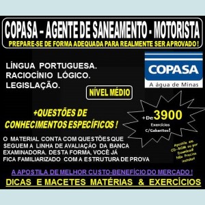 Apostila COPASA AGENTE de SANEAMENTO - MOTORISTA - Teoria + 3.900 Exercícios - Concurso 2018