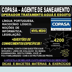 Apostila COPASA AGENTE de SANEAMENTO - OPERADOR de TRATAMENTO de ÁGUA e ESGOTO - Teoria + 4.200 Exercícios - Concurso 2018